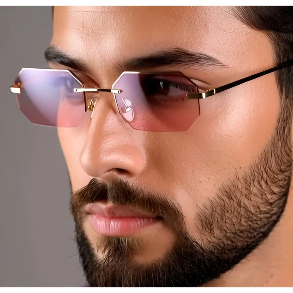 Rimless Sunglasses Octagon‎ Pink Lens Gold Frame Fashion Eyewear Street Wear New